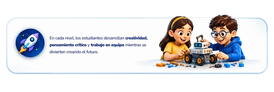 En cada nivel, los estudiantes desarrollan creatividad, pensamiento crítico y trabajo en equipo mientras se divierten creando el futuro.